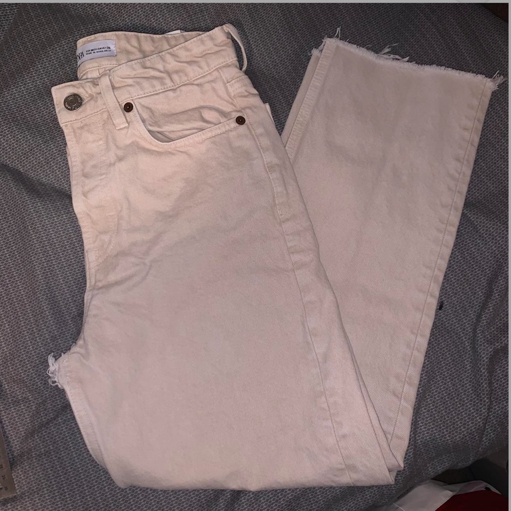 Zara beige straight leg jeans raw hem